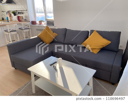 Scandinavian living room with sleek furniture and a cozy atmosphere. Sunlight casts gentle shadows warm ambiance. Scandinavian living room with sleek furniture and a cozy atmosphere. Sunlight casts gentle shadows warm ambiance. 118696497