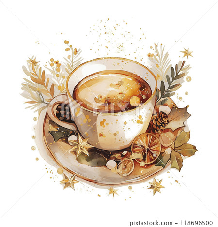A cup of coffee with a white plate and a few dried fruits on it. The coffee is hot and the fruits are dried, giving the image a cozy and warm feeling A cup of coffee with a white plate and a few dried fruits on it. The coffee is hot and the fruits are dried, giving the image a cozy and warm feeling 118696500