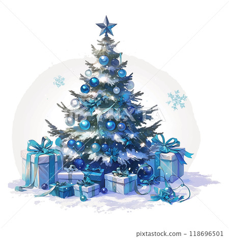 A blue Christmas tree with a star on top and presents underneath. The tree is surrounded by boxes, and the overall mood of the image is festive and joyful 118696501