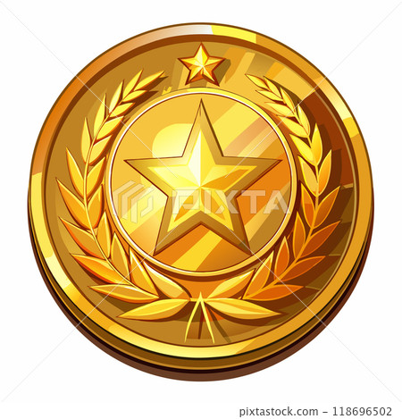 A gold coin with a star and leaves on it. The coin is shiny and golden 118696502