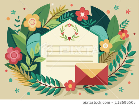 A colorful envelope with a flowery border sits on a piece of paper. Concept of warmth and love 118696503