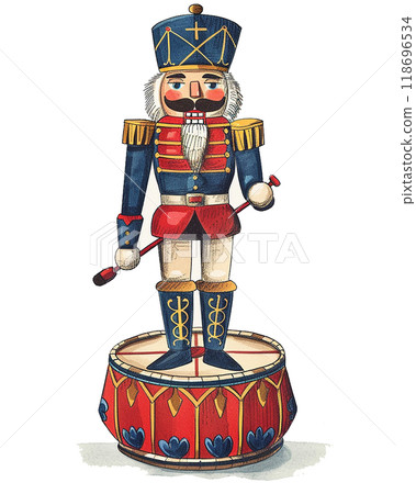 A red and black nutcracker with a mustache and a drum. The nutcracker is holding a drum in his right hand 118696534