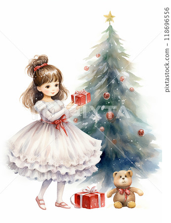 A young girl is dancing in front of a Christmas tree. The tree is decorated with many ornaments, including a star on top. The girl is wearing a white dress and he is enjoying the festive atmosphere A young girl is dancing in front of a Christmas tree. The tree is decorated with many ornaments, including a star on top. The girl is wearing a white dress and he is enjoying the festive atmosphere 118696556