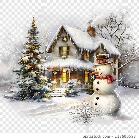 A snowman stands in front of a house with a chimney. The house is surrounded by trees and has a cozy, wintery atmosphere 118696558