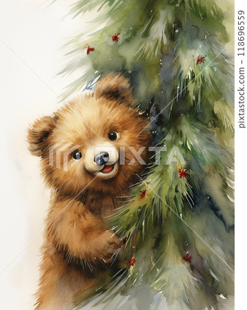 A cute brown bear is hiding behind a Christmas tree. The bear is smiling and he is enjoying its time in the tree. Concept of warmth and joy, as the bear seems to be having a fun 118696559