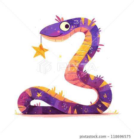A purple snake with stars on it. The snake is smiling and has a star on its head 118696575