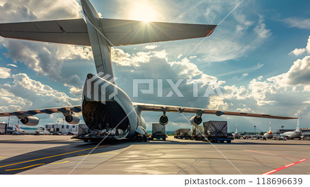 A cargo plane at the airport docks loads or unloads cargo. AI Generated 118696639