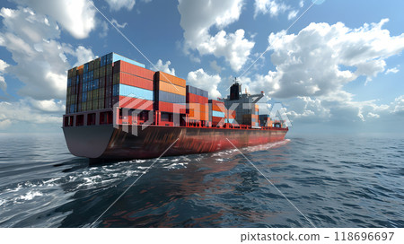 A ship for transporting cargo containers and also unloading it at the docks of a cargo port. AI Generated 118696697