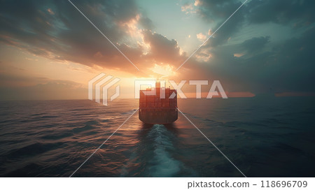 A ship for transporting cargo containers and also unloading it at the docks of a cargo port. AI Generated 118696709