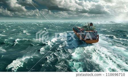 A ship for transporting cargo containers and also unloading it at the docks of a cargo port. AI Generated 118696710