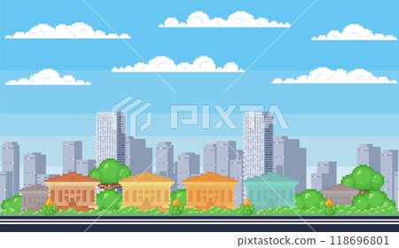 Cityscape. Pixel art. Row of colorful houses surrounded by lush green trees in front of tall skyscrapers under sky with scattered clouds. Ideal for urban development, residential architecture greenery 118696801