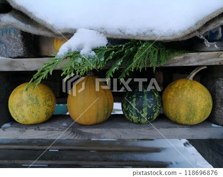 A rustic winter scene with pumpkins lined up under a snow-laden roof adorned by evergreen foliage. A rustic winter scene with pumpkins lined up under a snow-laden roof adorned by evergreen foliage. 118696876