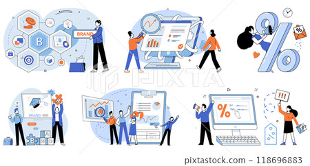 Brand vector illustration. Trend, current, rides waves cultural shifts, shaping brands relevance Promotion, herald, trumpets virtues brand to captivate audience Signs, breadcrumbs, guide consumers Brand vector illustration. Trend, current, rides waves cultural shifts, shaping brands relevance Promotion, herald, trumpets virtues brand to captivate audience Signs, breadcrumbs, guide consumers 118696883