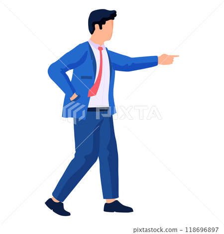 A man in a blue suit with a red tie is pointing forward confidently. Ideal for business communication professional attire leadership corporate presentations and confident body language. Simple flat A man in a blue suit with a red tie is pointing forward confidently. Ideal for business communication professional attire leadership corporate presentations and confident body language. Simple flat 118696897