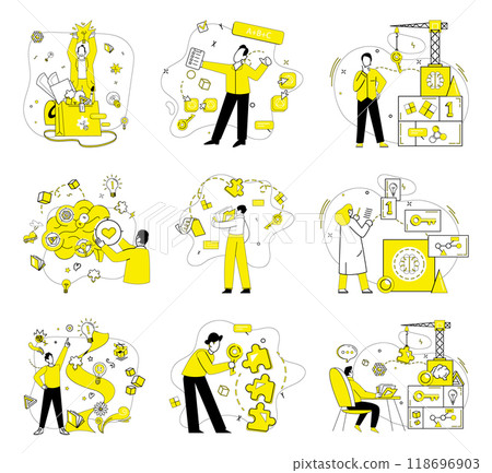 Problem solving vector illustration. Brainstorming and analysis are dynamic winds steering ship solutions The tapestry success is woven from threads contemplation and problem solving 118696903