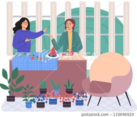 Women making vegan meal together. Female friends preparing vegetarian food on kitchen table. Culinary with family, food preparation at home concept. People cooking with groceries and kitchenware Women making vegan meal together. Female friends preparing vegetarian food on kitchen table. Culinary with family, food preparation at home concept. People cooking with groceries and kitchenware 118696920