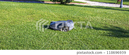 Robotic Lawn Mower cutting grass Robotic Lawn Mower cutting grass 118696939