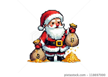 A pixel art illustration of Santa Claus with bags of money, symbolizing holiday wealth and festive cheer. Perfect for Christmas themes and financial concepts. A pixel art illustration of Santa Claus with bags of money, symbolizing holiday wealth and festive cheer. Perfect for Christmas themes and financial concepts. 118697000