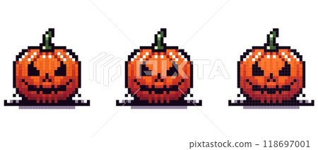 A colorful pixel illustration of a jack-o-lantern with a creepy smile. Perfect for Halloween decorations and digital design. A colorful pixel illustration of a jack-o-lantern with a creepy smile. Perfect for Halloween decorations and digital design. 118697001