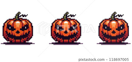 A colorful pixel illustration of a jack-o-lantern with a creepy smile. Perfect for Halloween decorations and digital design. 118697005