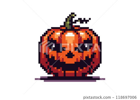 A colorful pixel illustration of a jack-o-lantern with a creepy smile. Perfect for Halloween decorations and digital design. A colorful pixel illustration of a jack-o-lantern with a creepy smile. Perfect for Halloween decorations and digital design. 118697006