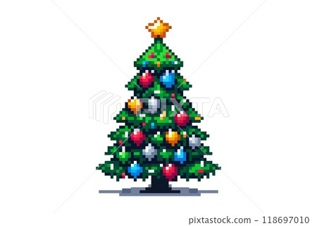 A pixel art Christmas tree adorned with multicolored baubles and topped with a shining star. A pixel art Christmas tree adorned with multicolored baubles and topped with a shining star. 118697010