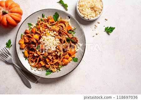 Pumpkin and Beef Bolognese Spaghetti Pasta Pumpkin and Beef Bolognese Spaghetti Pasta 118697036