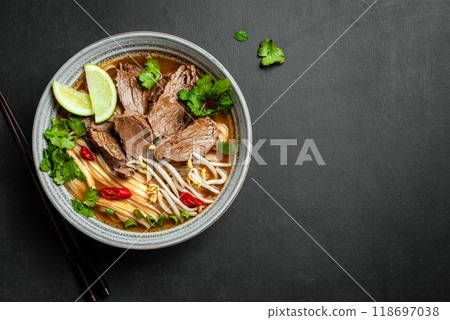 Pho Bo Vietnamese soup with rice noodle and beef Pho Bo Vietnamese soup with rice noodle and beef 118697038
