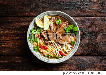 Pho Bo Vietnamese soup with rice noodle and beef 118697040