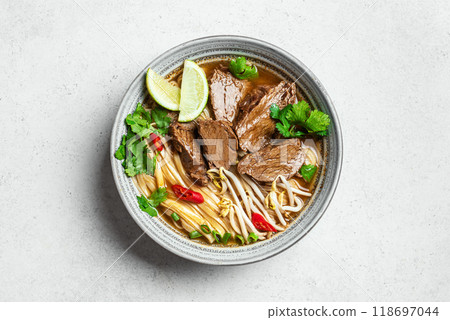 Pho Bo Vietnamese soup with rice noodle and beef Pho Bo Vietnamese soup with rice noodle and beef 118697044