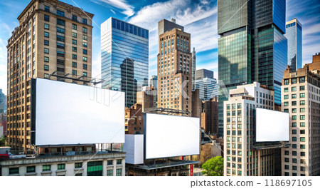 Three billboards on the background of skyscrapers on the background of the sky 118697105