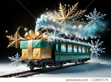 New Year's card, a train rides with New Year's gifts through winter and snow 118697174