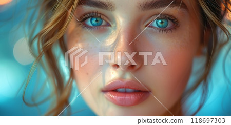 Young woman with blue eyes against a blue background, highlighting  her facial features and expression 118697303