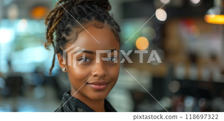 Portrait of a dark-skinned  girl with dreadlocks indoors 118697322