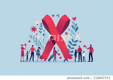 Cancer awareness day poster, red  ribbon with people on a blue background 118697353