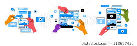 Cartoon Color Different Human Hands Working on Creating Interfaces for Websites and Mobile App Set Concept Flat Design Style. Vector illustration 118697453