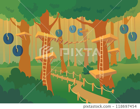 Cartoon Color Rope Adventure Park Landscape Scene Concept Flat Design Style. Vector illustration of Center with Suspension Bridges 118697454