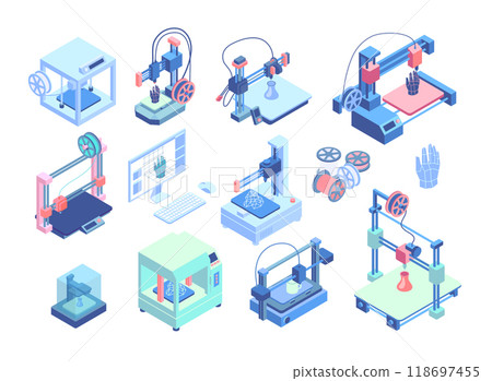 Color 3d Printing Element Set Isometric View Scanning and Modeling Process. Vector illustration of Printer Equipment Color 3d Printing Element Set Isometric View Scanning and Modeling Process. Vector illustration of Printer Equipment 118697455
