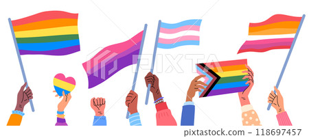 Cartoon Color Human Hands Hold LGBT Progressive, Lesbian and Bisexual Flags Set Concept Flat Design Style. Vector illustration 118697457