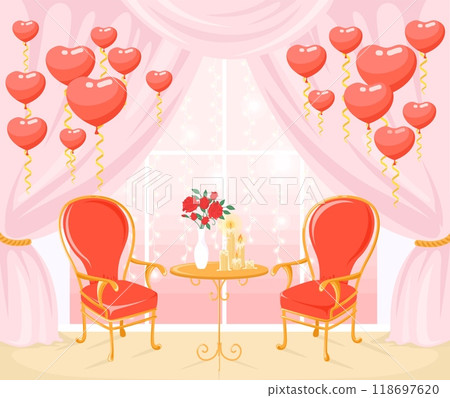 Romantic photo zone background with red hearts balloons 118697620