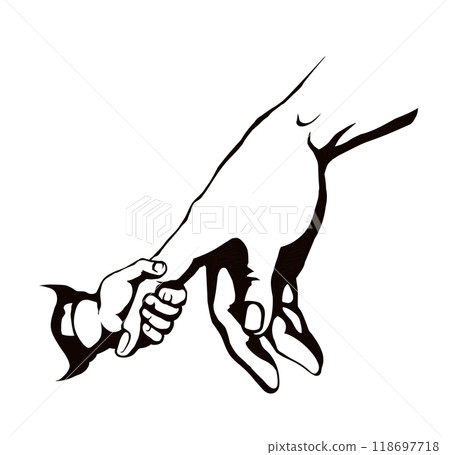 Children's hand holds on to mother's arm. Vector drawing 118697718