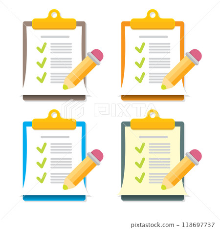 vector cartoon Clipboard icons set with green checkmarks and orange pencil isolated on transparent background. Checklist vector flat style symbol collection. to do list logo 118697737