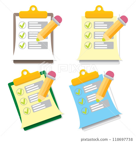 vector cartoon Clipboard icons set with green checkmarks and orange pencil isolated on transparent background. Checklist vector flat style symbol collection. to do list logo vector cartoon Clipboard icons set with green checkmarks and orange pencil isolated on transparent background. Checklist vector flat style symbol collection. to do list logo 118697738