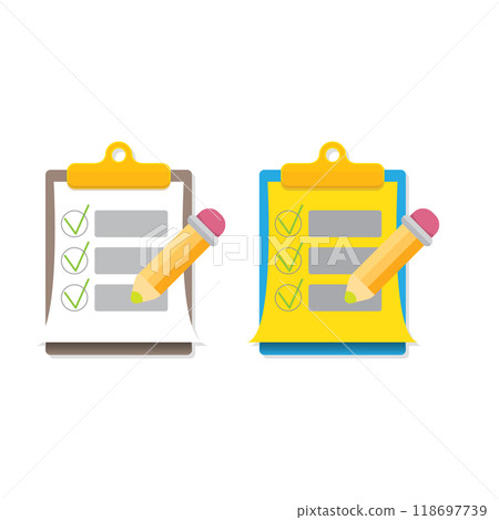 vector cartoon Clipboard icons set with green checkmarks and orange pencil isolated on transparent background. Checklist vector flat style symbol collection. to do list logo 118697739