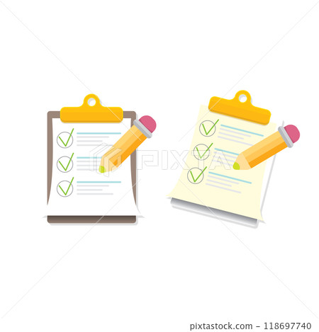 vector cartoon Clipboard icons set with green checkmarks and orange pencil isolated on transparent background. Checklist vector flat style symbol collection. to do list logo 118697740