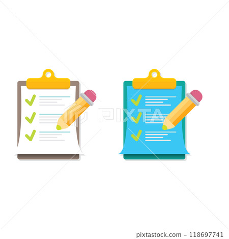 vector cartoon Clipboard icons set with green checkmarks and orange pencil isolated on transparent background. Checklist vector flat style symbol collection. to do list logo vector cartoon Clipboard icons set with green checkmarks and orange pencil isolated on transparent background. Checklist vector flat style symbol collection. to do list logo 118697741