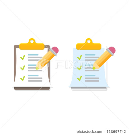 vector cartoon Clipboard icons set with green checkmarks and orange pencil isolated on transparent background. Checklist vector flat style symbol collection. to do list logo 118697742