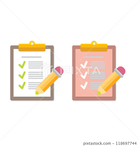 vector cartoon Clipboard icons set with green checkmarks and orange pencil isolated on transparent background. Checklist vector flat style symbol collection. to do list logo vector cartoon Clipboard icons set with green checkmarks and orange pencil isolated on transparent background. Checklist vector flat style symbol collection. to do list logo 118697744