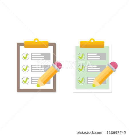 vector cartoon Clipboard icons set with green checkmarks and orange pencil isolated on transparent background. Checklist vector flat style symbol collection. to do list logo 118697745