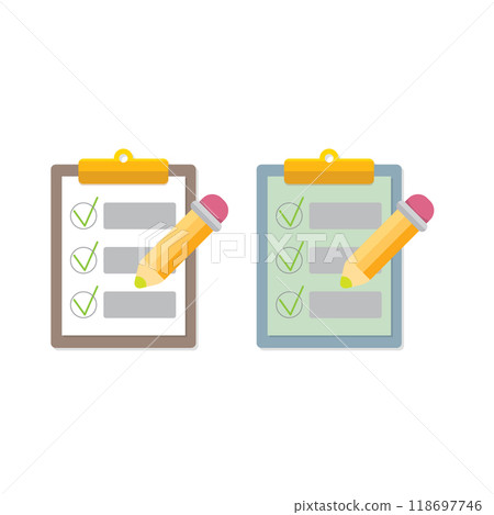 vector cartoon Clipboard icons set with green checkmarks and orange pencil isolated on transparent background. Checklist vector flat style symbol collection. to do list logo 118697746